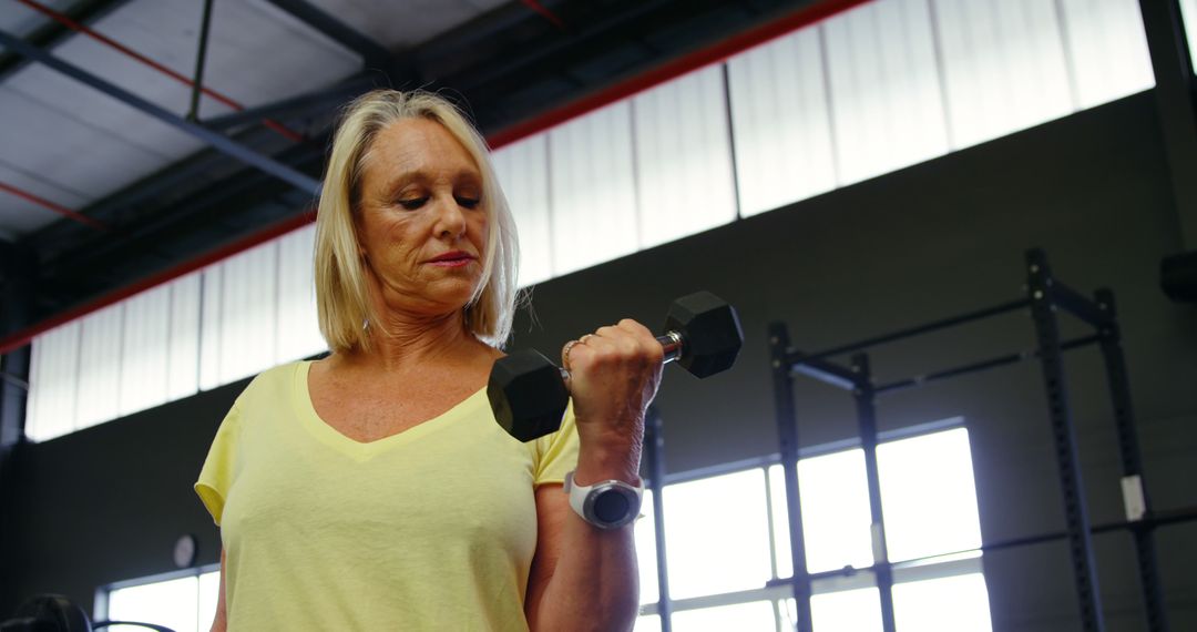 Older woman lifting dumbbell in industrial gym for strength training workout - Free Images, Stock Photos and Pictures on Pikwizard.com