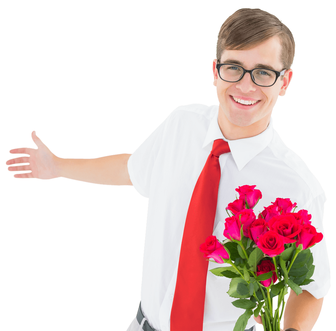Geeky Hipster With Roses Expressing Affection Transparent Background
