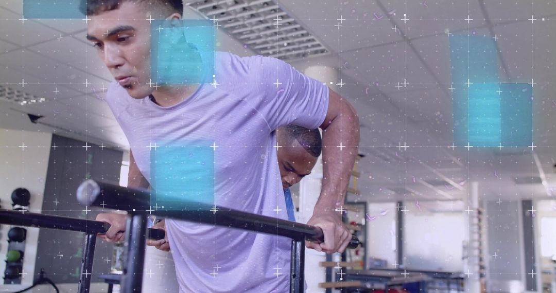 Performing Parallel Bar Dips With Spotter Assistance During Strength Training Session