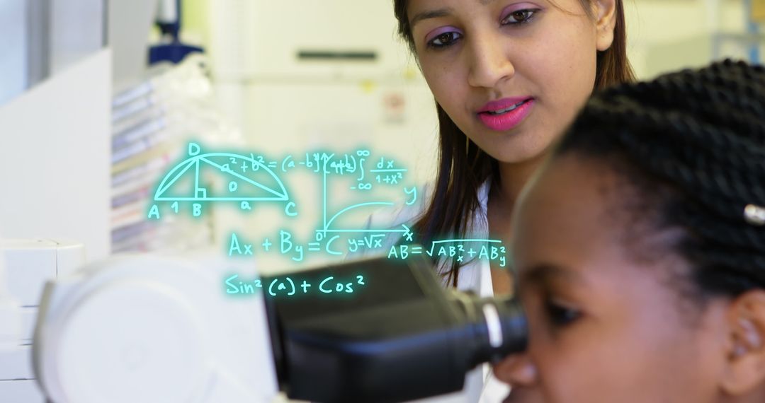 Diverse Female Scientists Working with Digital Math Overlays in Lab