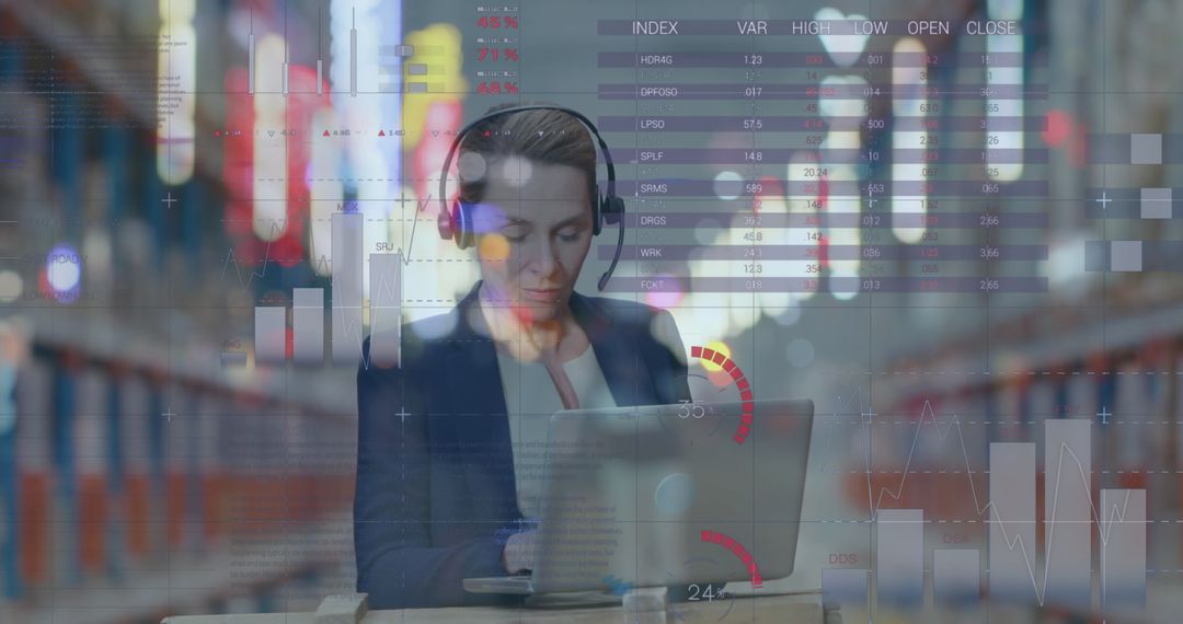 Data Processing Over Woman Working in Warehouse Shipping Center