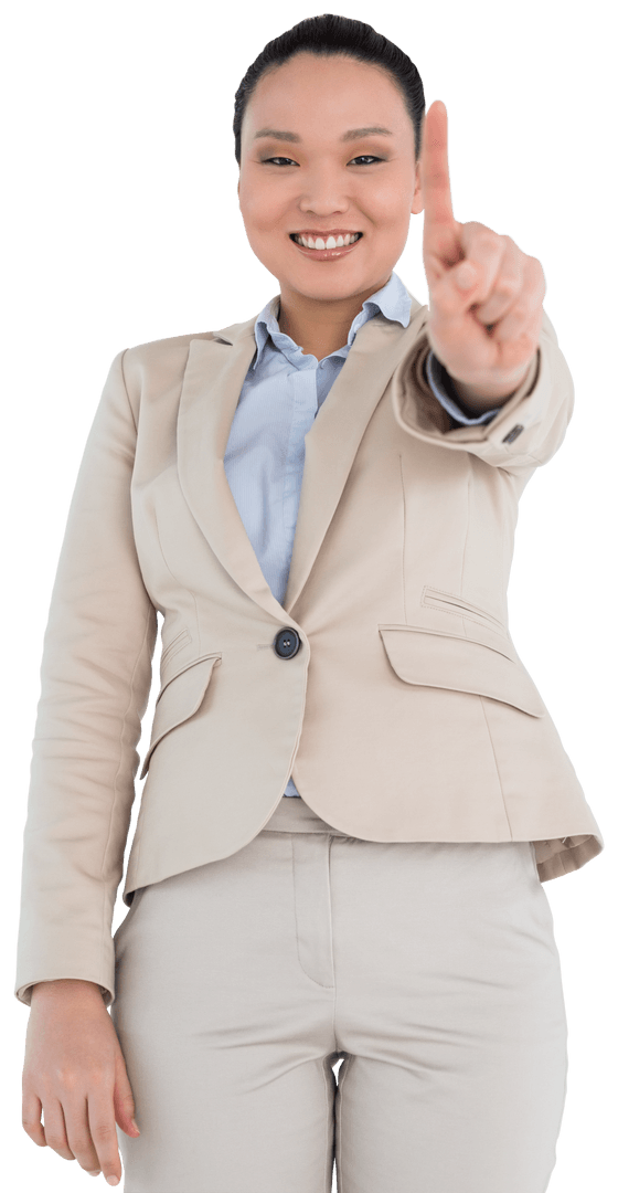 Smiling Asian Businesswoman Pointing Confidently on Transparent Background