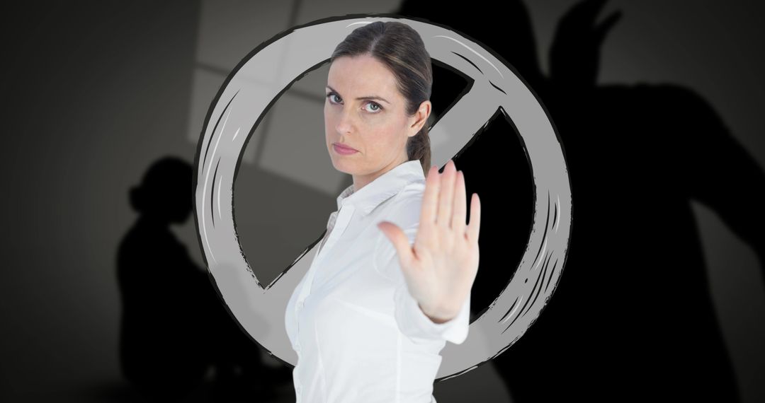 Image of caucasian woman with stop gesture over silhouettes of couple - Free Images, Stock Photos and Pictures on Pikwizard.com
