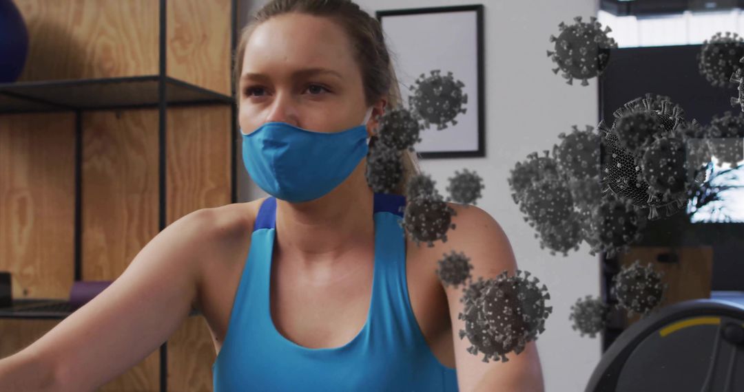 Woman Exercising with Face Mask in Home Gym Amidst Virus Animation