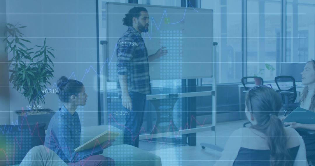 Presenting Data-Driven Strategy in Modern Office Lounge with Collaborative Team Discussion