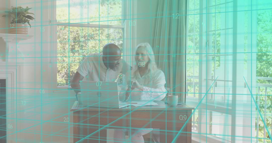 Interracial couple collaborating on finances at sunlit home office with teal data grid