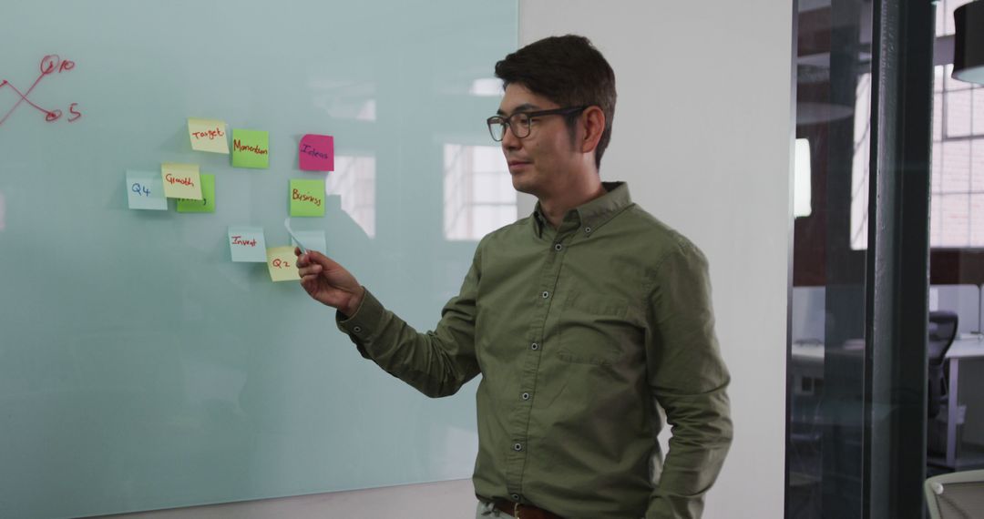 Man Organizing Colorful Sticky Notes on Whiteboard in Office - Free Images, Stock Photos and Pictures on Pikwizard.com