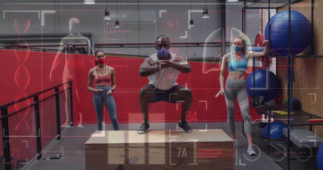 Diverse Group Training in Gym with Digital Health Analytics Overlay