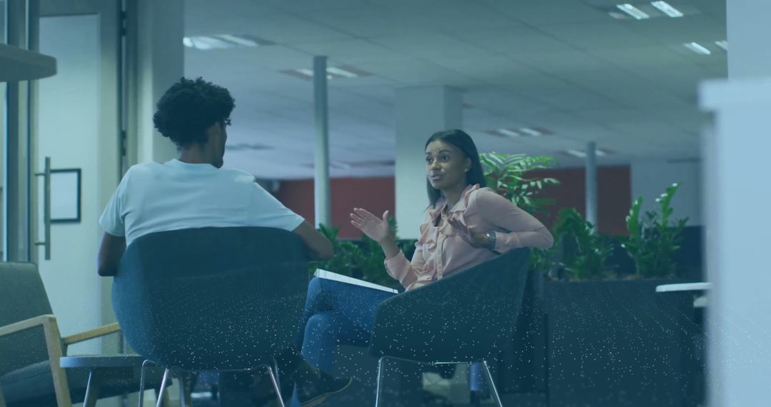 Business Conversation in Modern Office with Financial Data Overlay