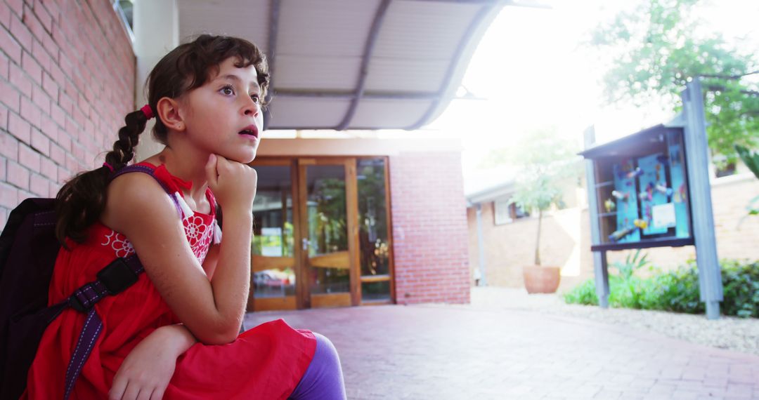 Thoughtful Young Girl in Red Dress Sitting Outside School Building - Free Images, Stock Photos and Pictures on Pikwizard.com