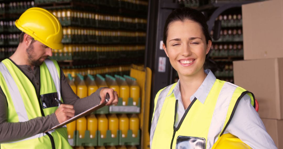 Female Worker Smiling in Warehouse with Colleague Writing Notes - Free Images, Stock Photos and Pictures on Pikwizard.com