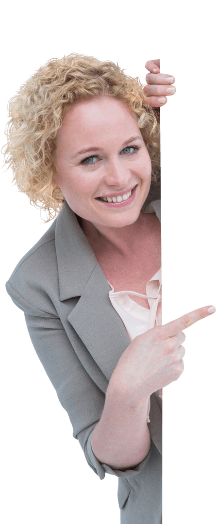 Smiling Businesswoman in Suit Conducting Presentation on Transparent Background