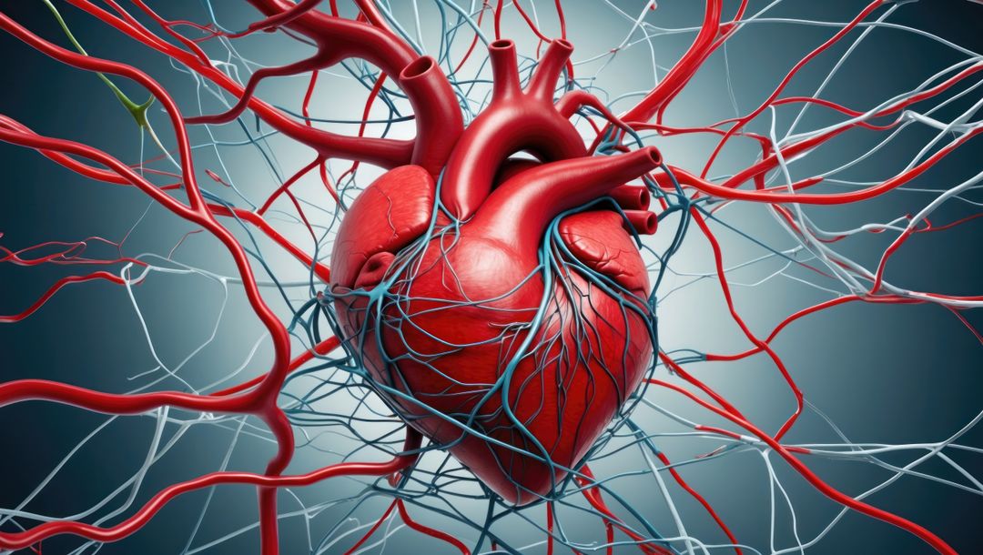 Anatomical heart with colorful complex vein and artery array, cardiovascular diseases subject