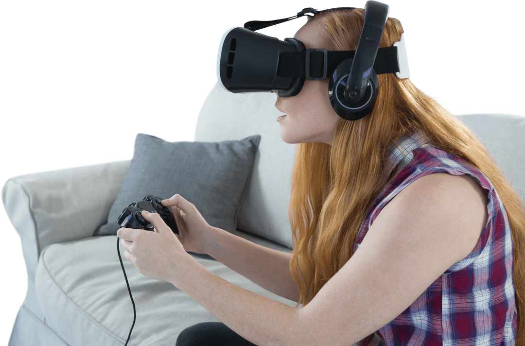 Young Woman Gaming with Virtual Reality Glasses and Controller