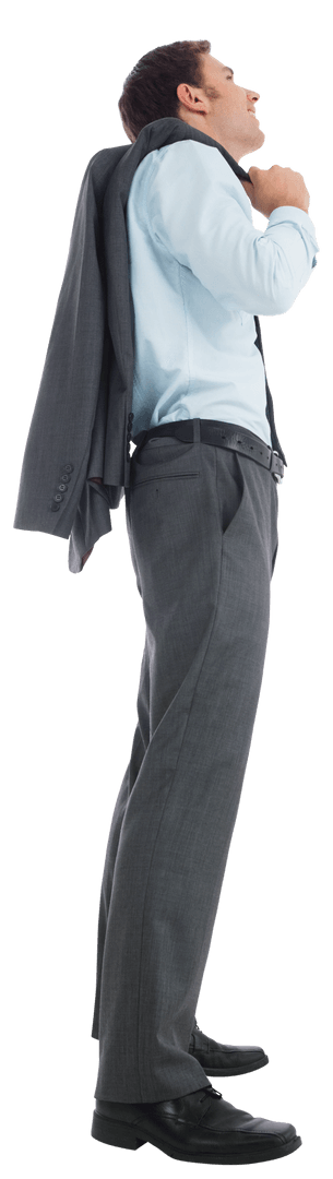 Transparent Smiling Businessman Holding Gray Jacket