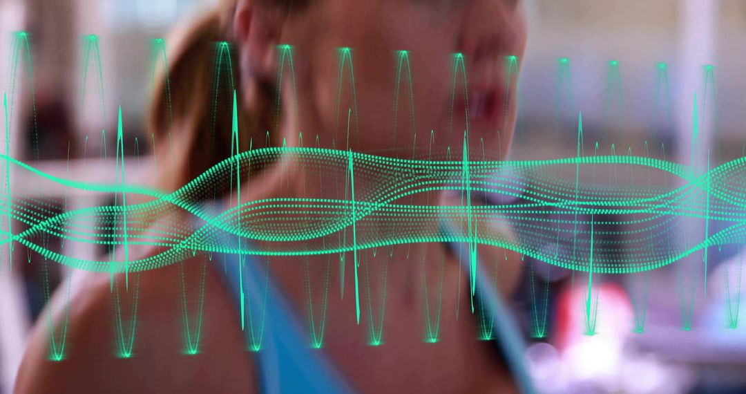 Woman Exercising with Biometric Waveform Overlay Visualizing Fitness Data and Heart Rate