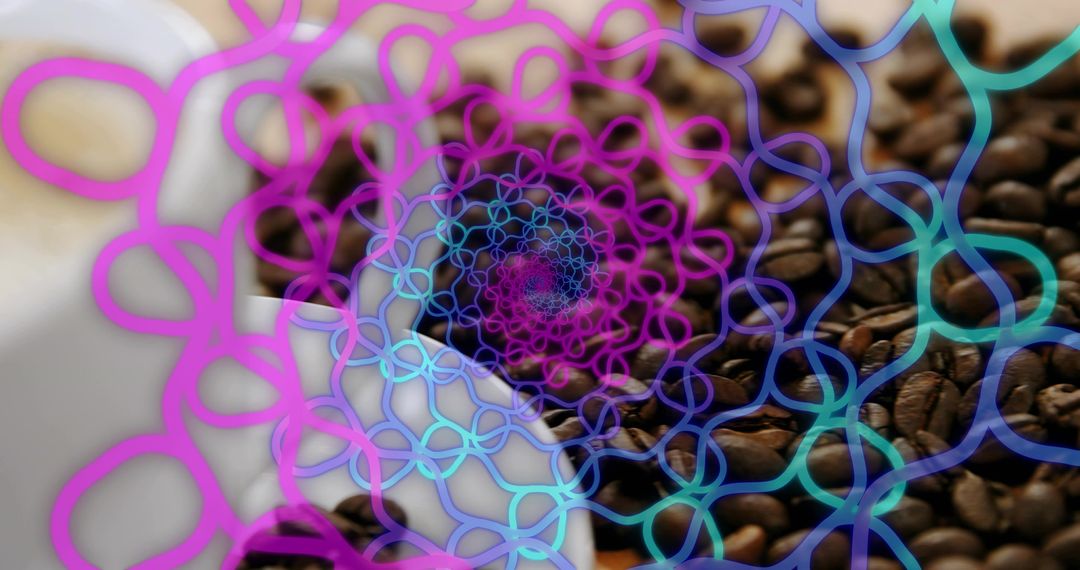 Roasted Coffee Beans Swirling in Ceramic Cup with Neon Fractal Overlay, Modern Digital Art
