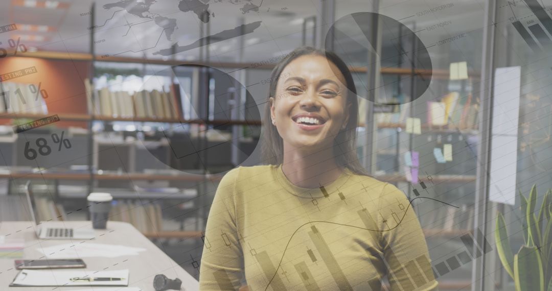 Smiling Businesswoman Analyzing Global Financial Data in Modern Office