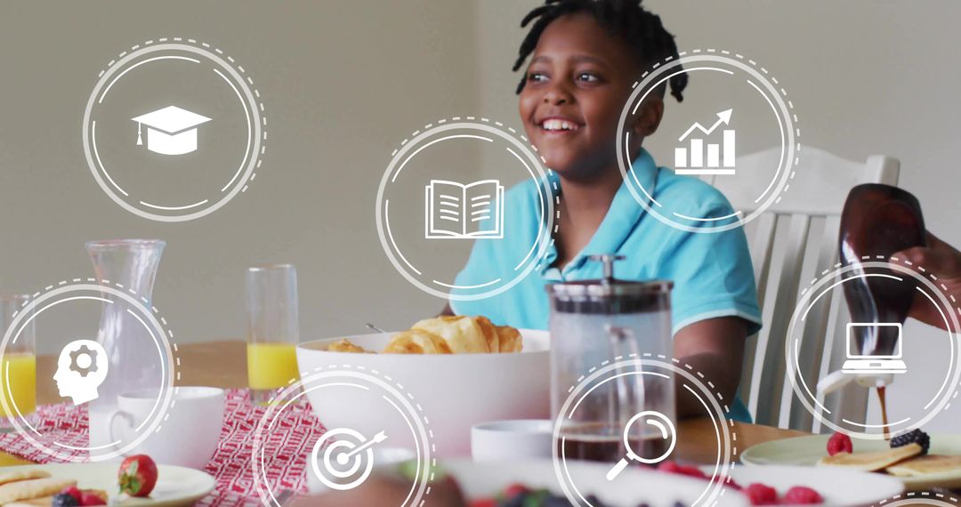 Joyful Breakfast of Young Boy Surrounded by Digital Learning Icons