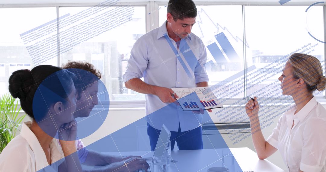 Infographic Interface Over Manager Discussing Reports in Office Meeting