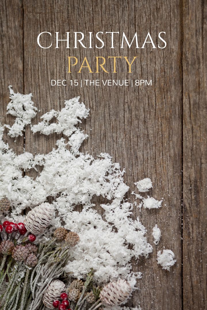 Rustic Christmas Party Invitation with Snowy Pine Cones and Berries