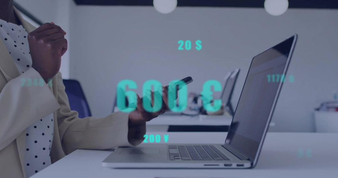 Businesswoman Analyzing Currency Overlays with Technology