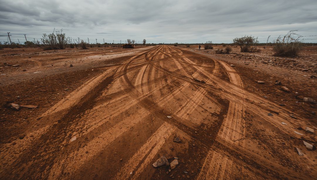 Intersecting Tire Tracks on Rugged Red Dirt Desert Road