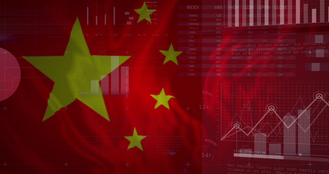 Chinese Flag Overlay on Financial Data and Graphs
