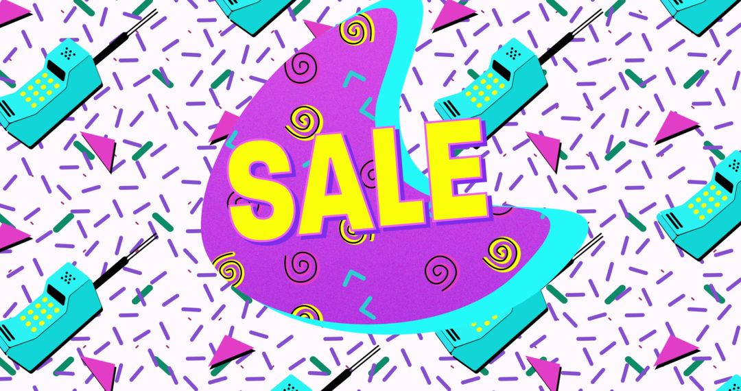 80s Retro Style Sale Banner with Pop Art Elements and Phones