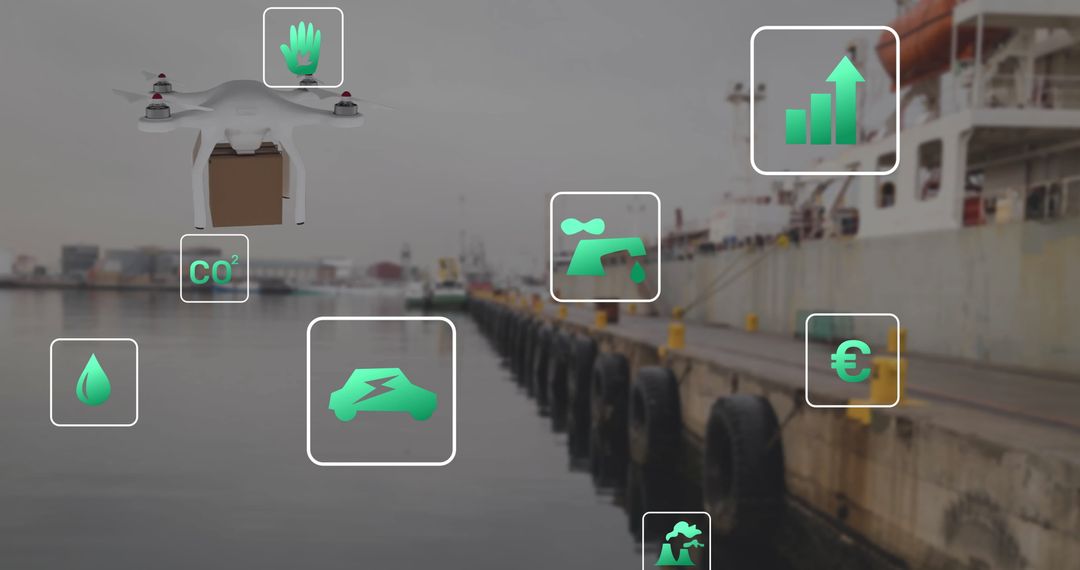 Eco Icons with Drone at Sea Port Illustrating Sustainable Shipping