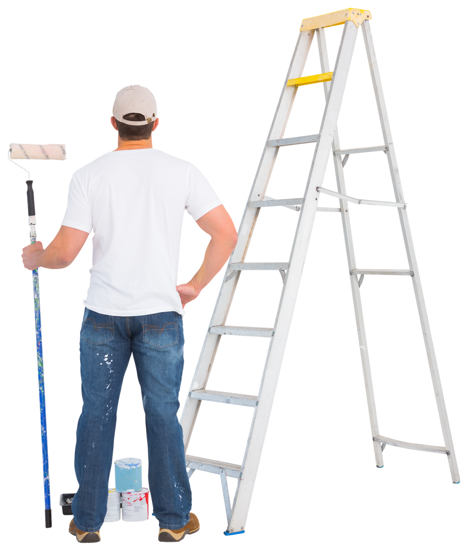 Transparent Man with Paint Roller Standing Beside Ladder - Download Free Stock Images Pikwizard.com