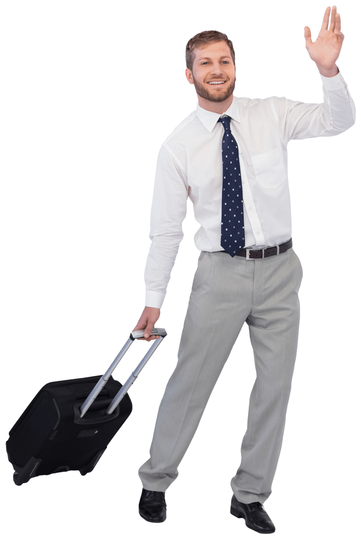 Transparent Businessman with Suitcase Waving Hello