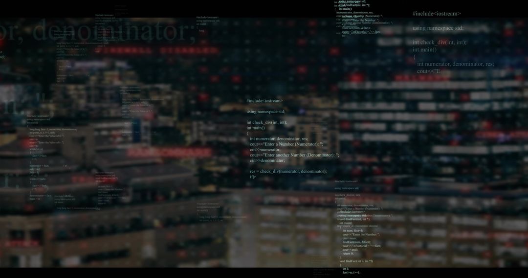Holographic Code Overlay Showing Programming Text Over Blurred Night City Offices