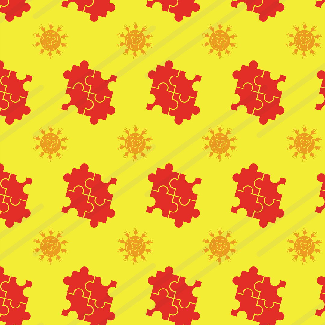 Transparent Puzzle and Globe Hands Pattern on Yellow Background