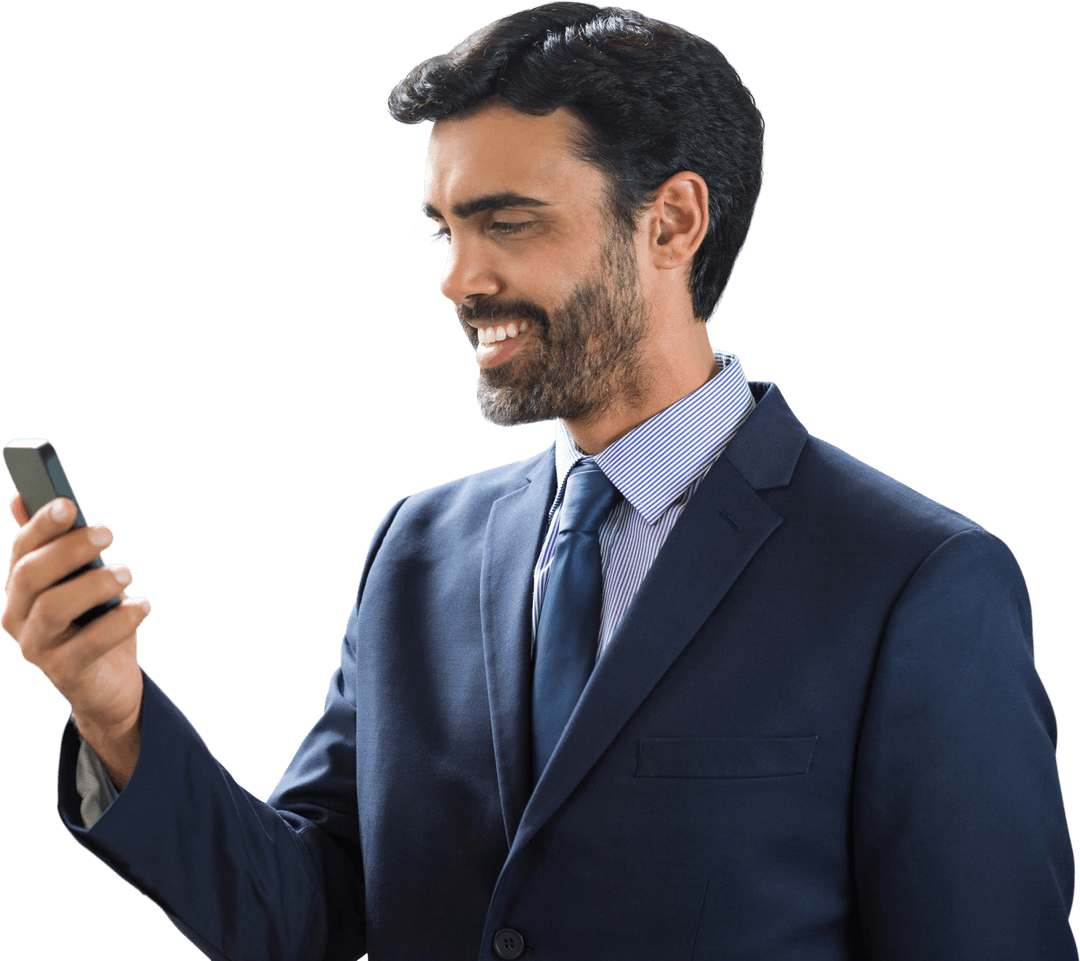 Confident Businessman Smiling at Smartphone Transparent Background