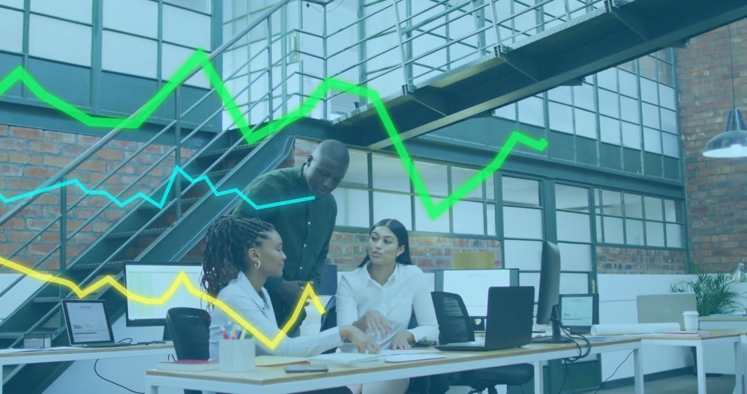 Team Collaborating on Financial Data in Modern Loft Office with Graph Overlays