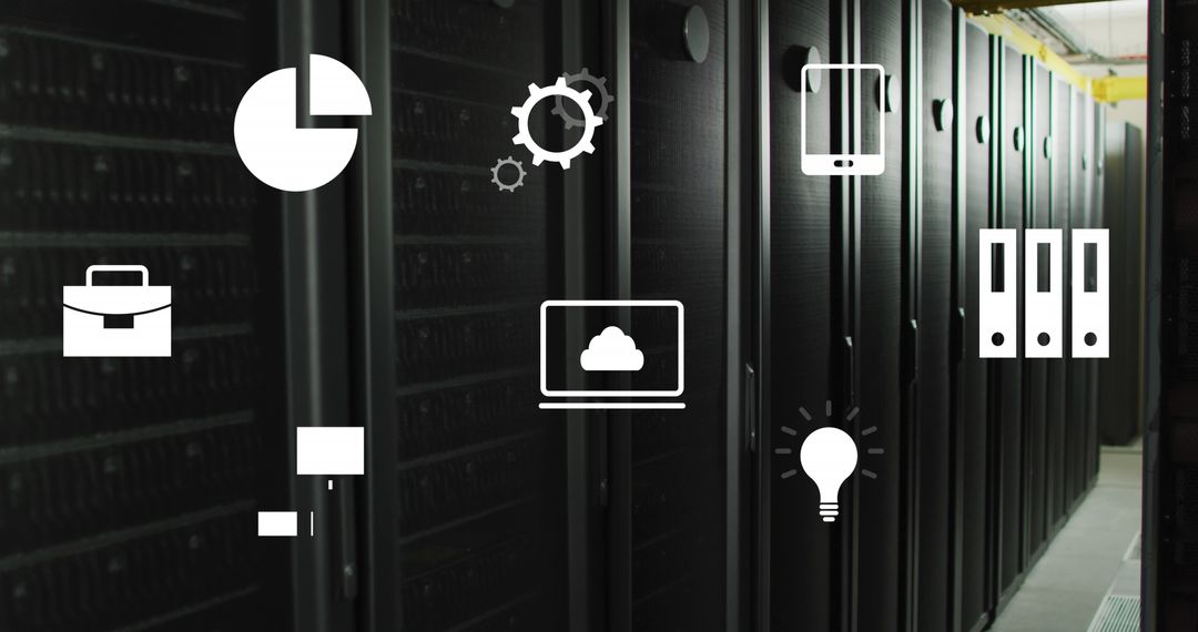 Digital Technology Icons Overlay in Server Room