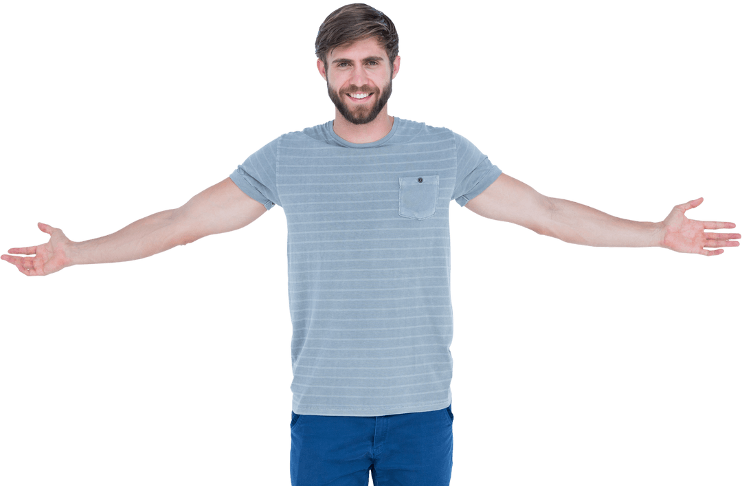 Smiling Young Man with Outstretched Arms in Casual Outfit Against Transparent Background