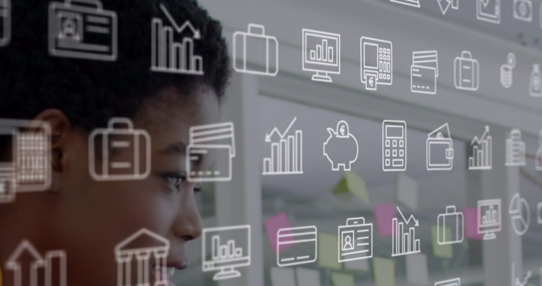 Professional Facing Transparent Screen with Data Icons in Modern Office