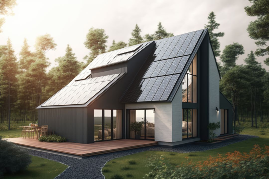 Modern Sustainable Home with Solar Panels in Forest - Free Images, Stock Photos and Pictures on Pikwizard.com