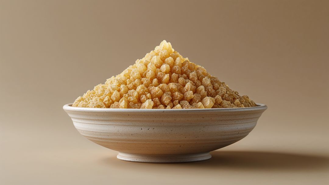 Minimalist ceramic bowl of organic golden frankincense granules