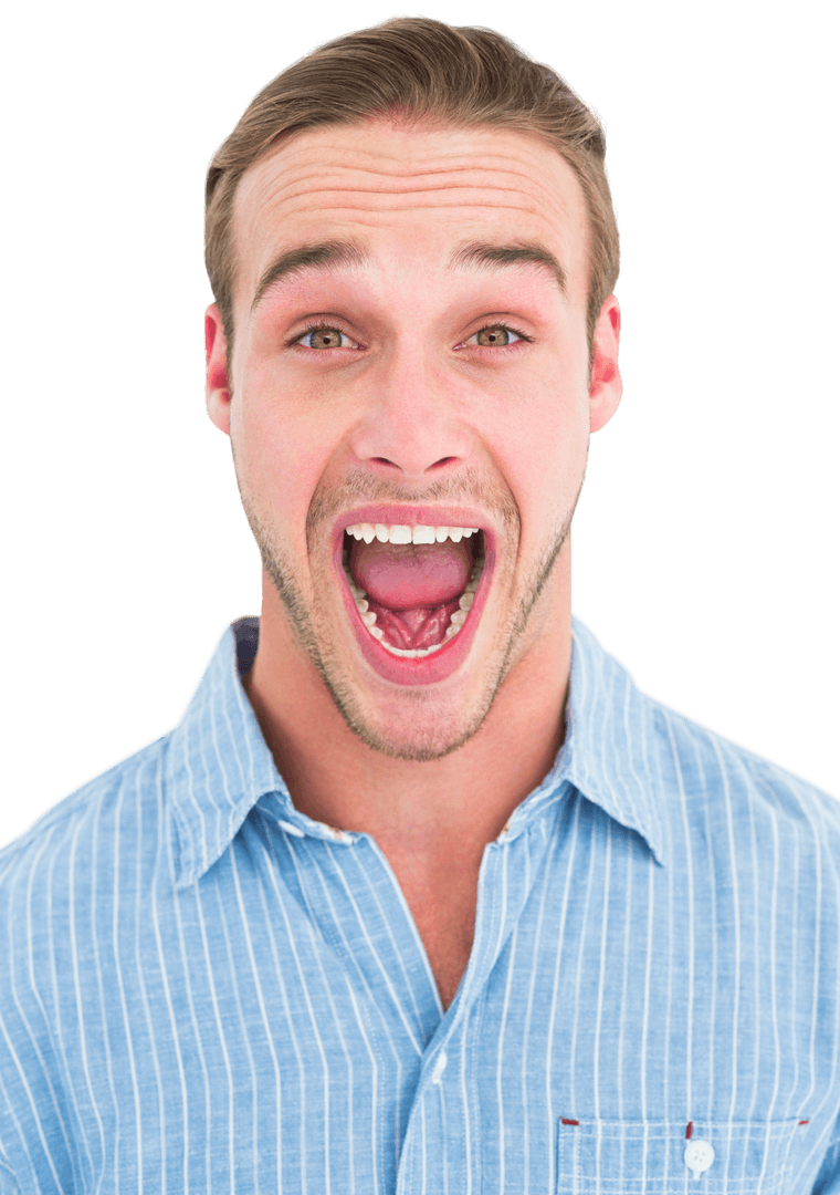 Excited Transparent Young Man Yelling in Joy on White Background