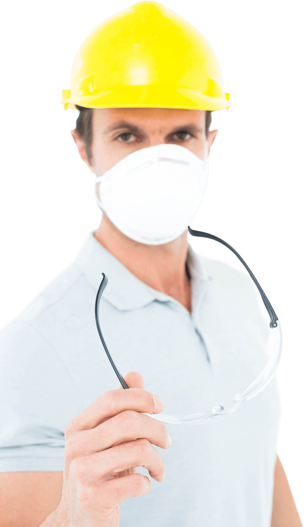 Confident Worker Wearing Hardhat and Holding Transparent Safety Glasses