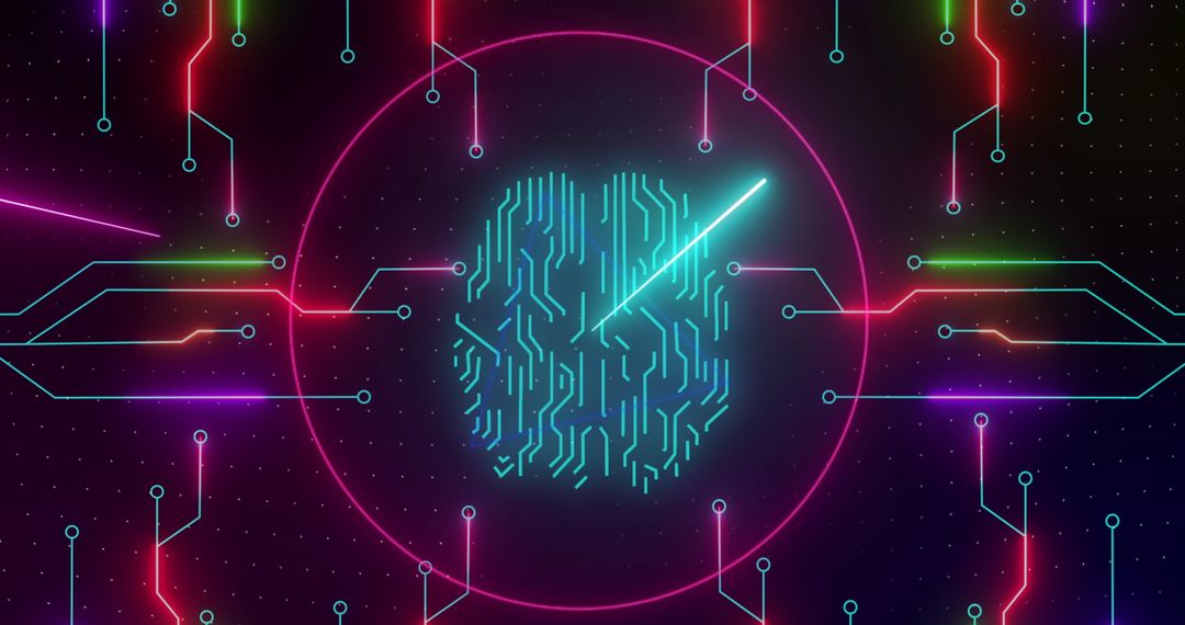 Neon Digital Brain Interface with Circuit Lines on Dark Background