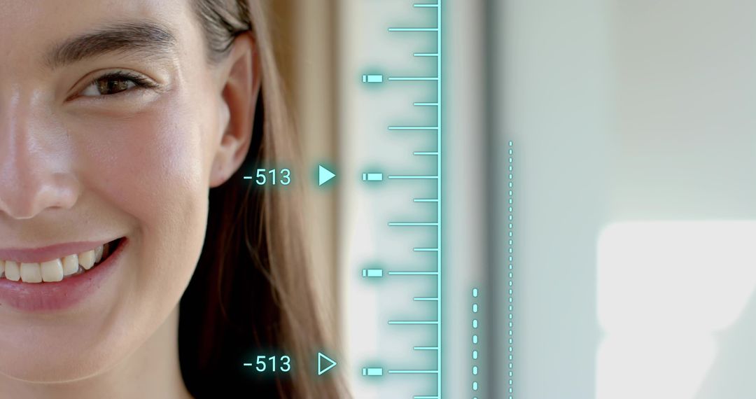 Smiling Woman with Turquoise Biometric HUD Measuring Facial Features for Identity Tech
