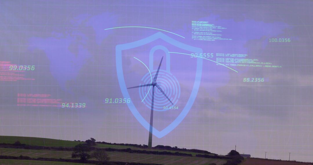 Futuristic Wind Turbine Technology with Digital Shield Overlay
