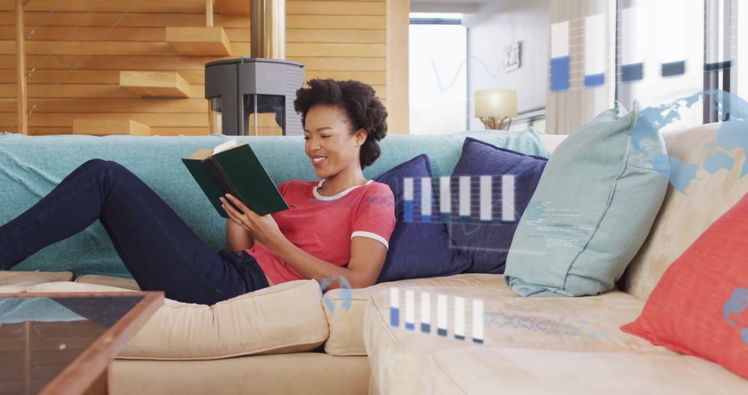 Woman Relaxing with Book and Digital Data Overlay on Couch