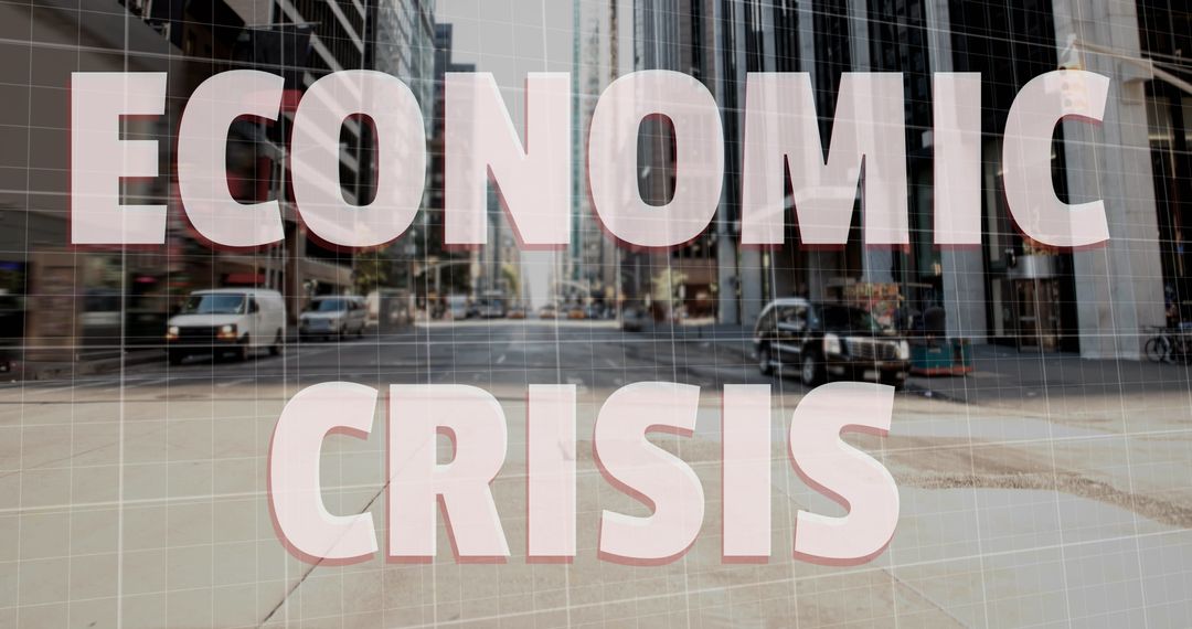 Cityscape with Economic Crisis Text and Falling Dollar Symbol
