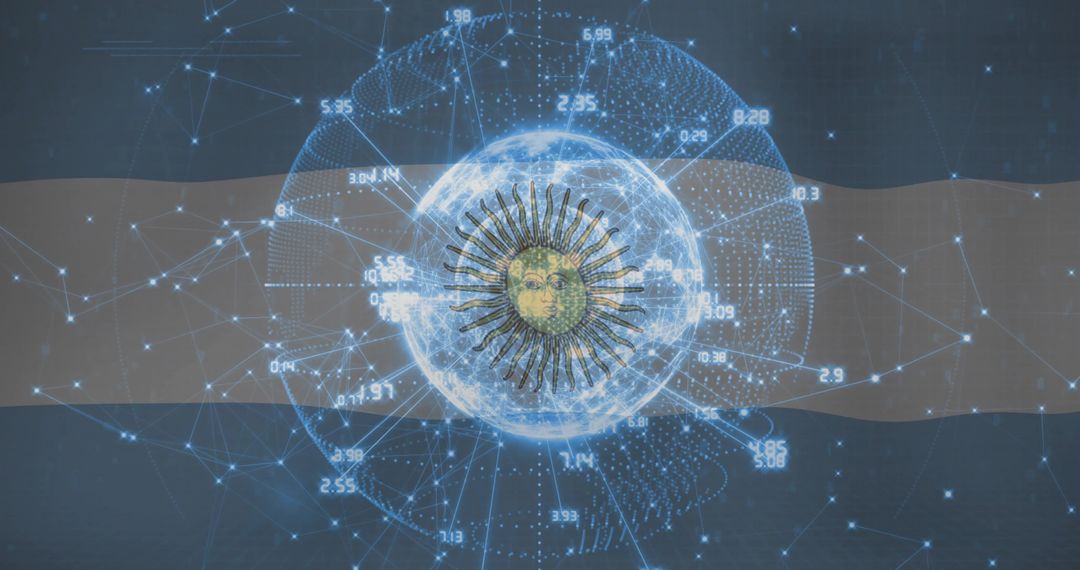 Holographic Digital Network with Sun Emblem Displaying Data around Globe
