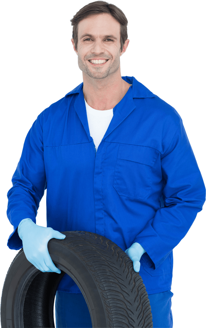 Transparent Mechanic Smiling Holding Tire